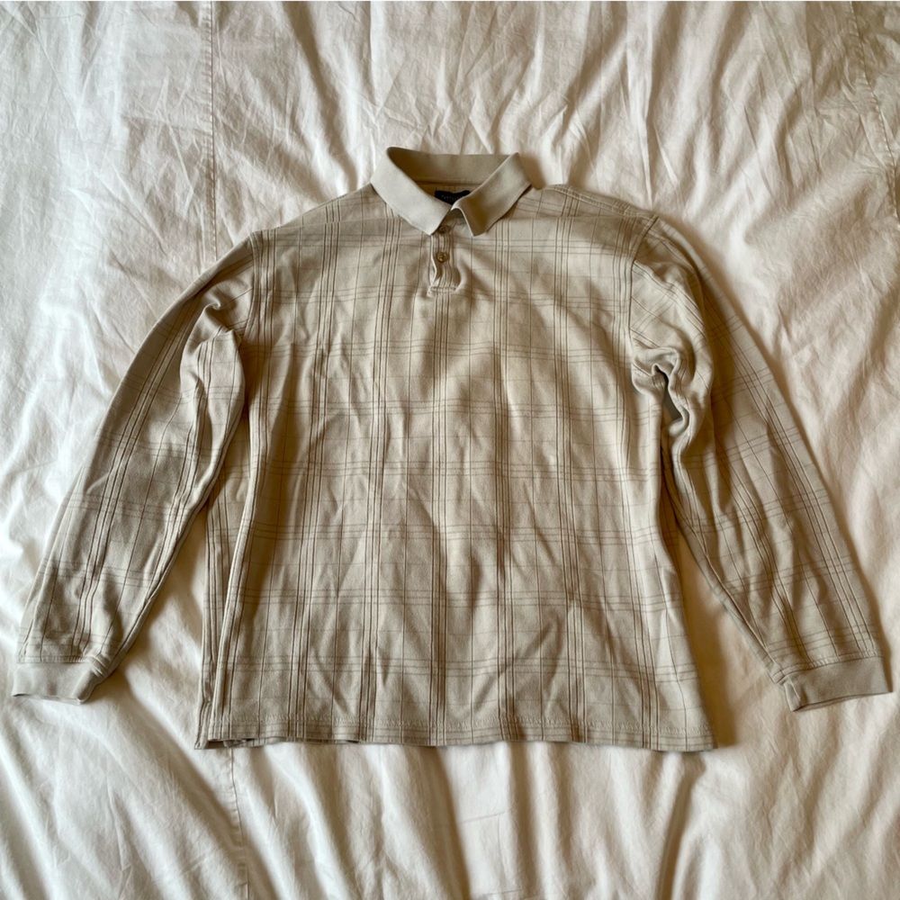 Van Heusen Cream Plaid Long Sleeve Polo in Beige